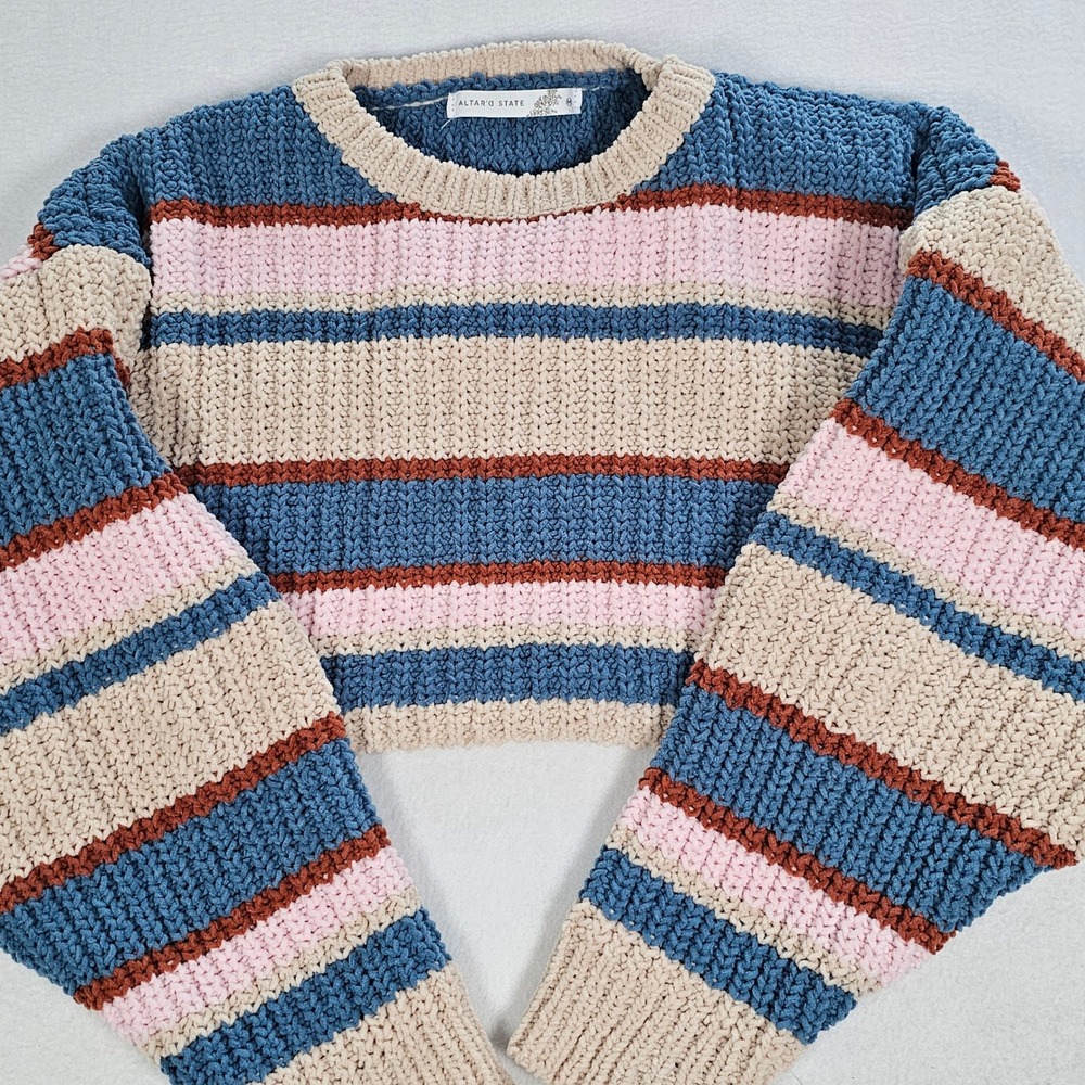Altar'd State Womens Chenille Striped Cropped Sweater Blue Pink SYD6404JN-A Med - Picture 2 of 10